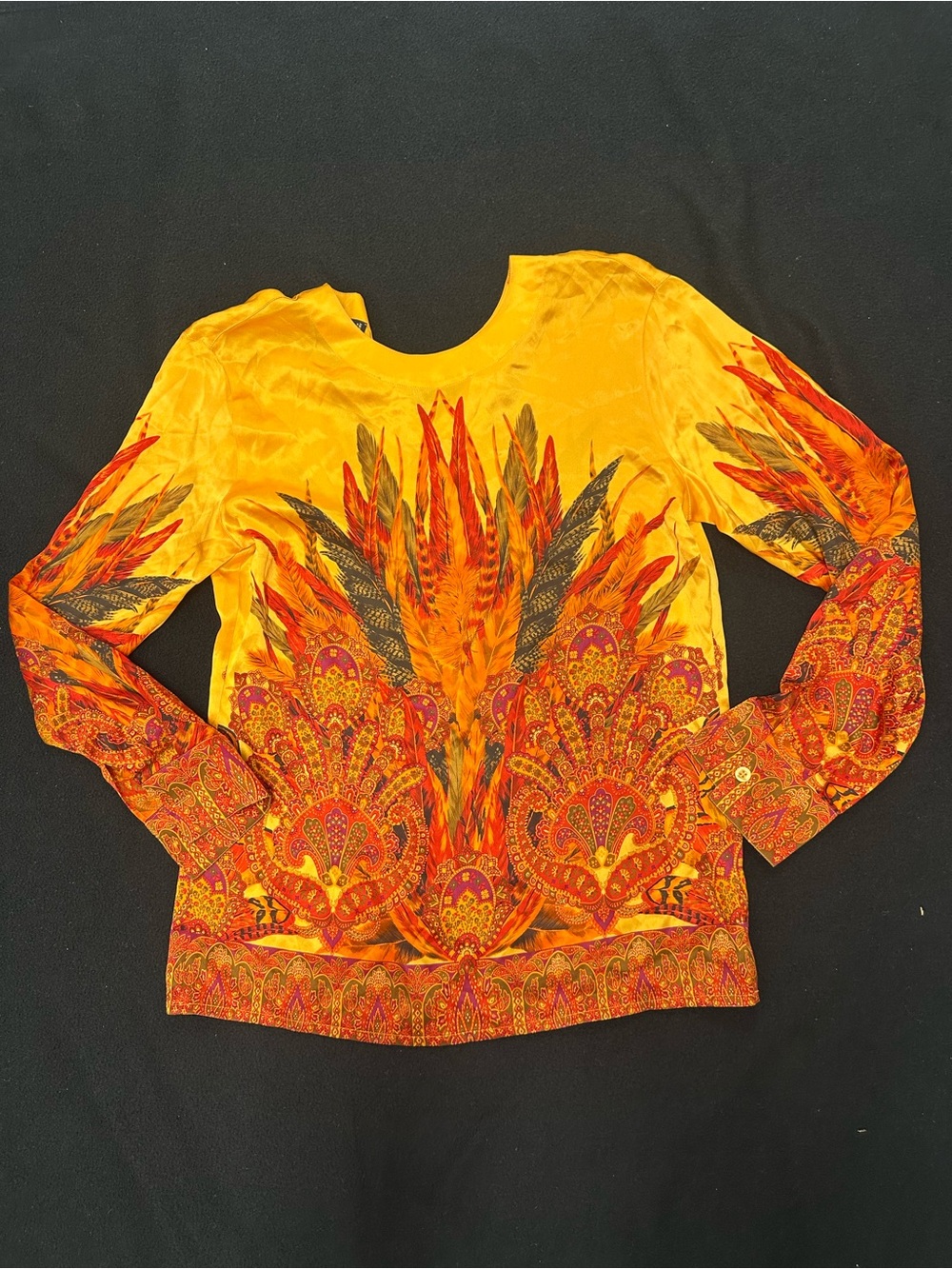 Escada Vibrant Gold & Orange Feather-Print Long Sleeve Top